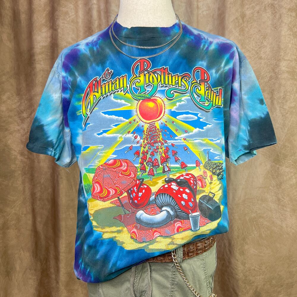 Vintage 90s Allman Brothers Band Tour T-Shirt Peach Rock Mushroom Tie Dye Music
